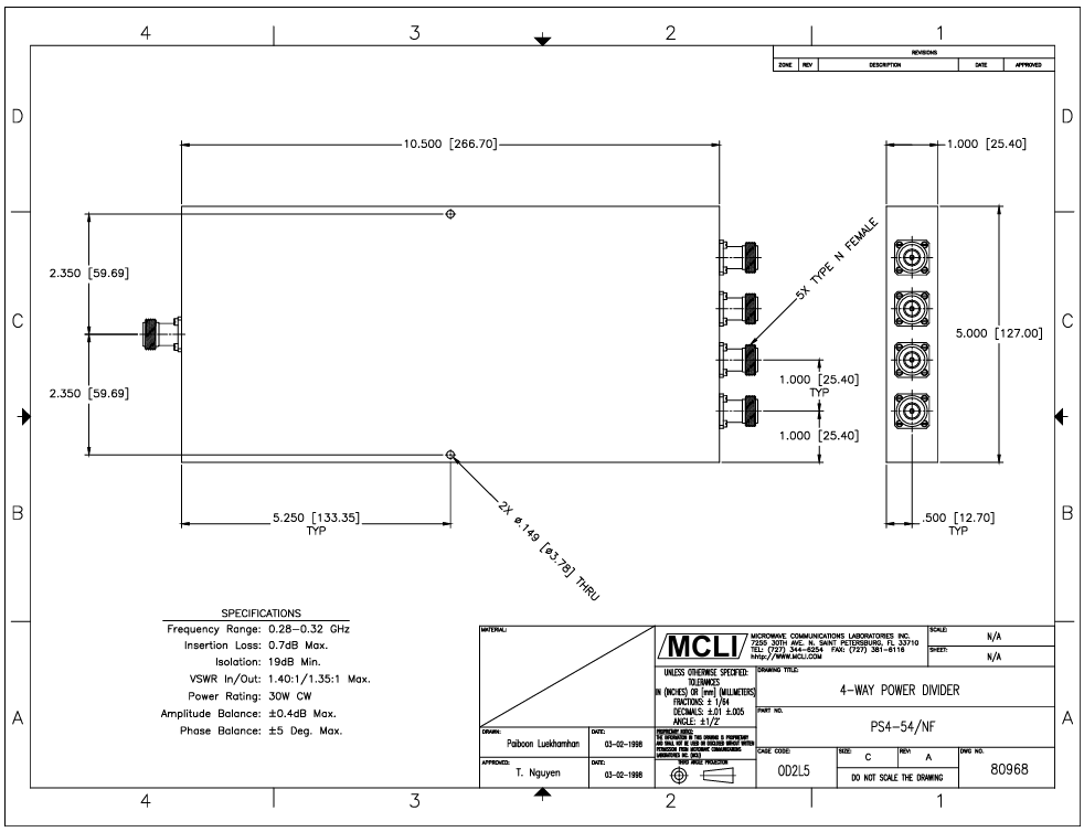 PS4-54/NF表面貼裝（SMT）4 路功率分配器/合路器